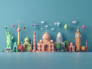 A colorful illustration of iconic world landmarks with blue background.