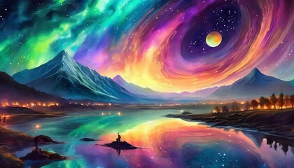 Envision a poetic scene where cosmic winds carry colorful inks across a planetary atmosphere - obrazy, fototapety, plakaty