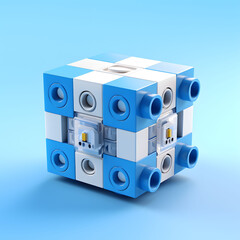 blue and white blocks arranged into a blue cube, in the style of futuristic spacecraft design, modular,