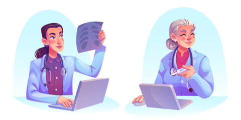Woman doctor working at desk with laptop. Cartoon vector set of young and old female medical specialist in white clothes with stethoscope on neck sitting at table with computer in clinic office. - obrazy, fototapety, plakaty