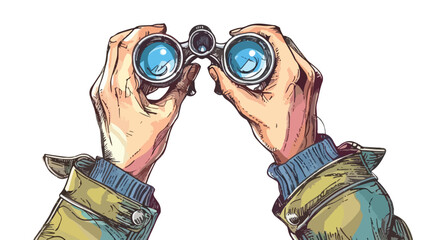 Human hands with binoculars magnifying glass spyglass