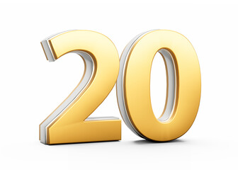3D Golden Shiny Number 20 Twenty With Silver Outline Isolated On White Background 3D Illustration