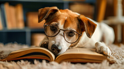 Fototapeta premium Dog with glasses reading a book