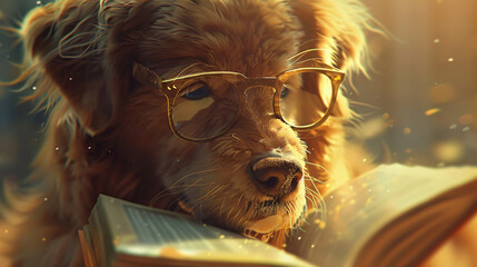 Fototapeta premium Dog with glasses reading a book