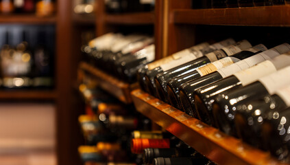 Bottles of black red wine lined up, stacked and resting diagonally on wooden shelves in a luxury collectible wine store. - obrazy, fototapety, plakaty