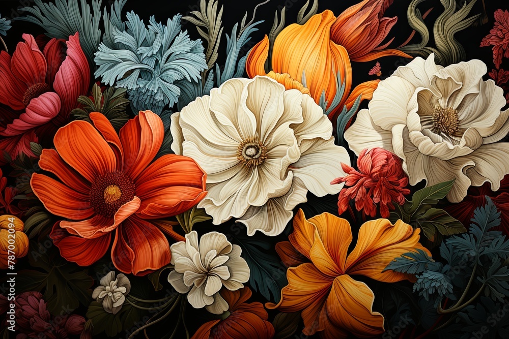 Poster Transform your design with vibrant floral patterns and botanical textures. Add a fresh touch to your projects with nature-inspired elements. Perfect for a lively and dynamic aesthetic, Generative AI.