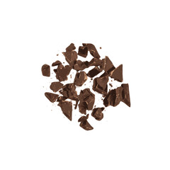 Broken Grated Chocolate Isolated, Broken Crushed Chocolate Shavings, Crumbs for Desserts Decoration on White Background Top View