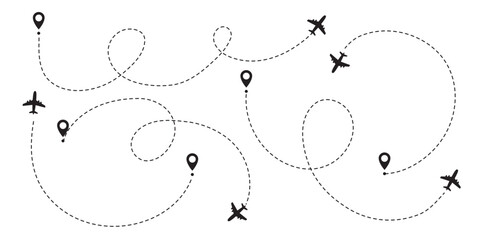 Airplane Track, Plane Path, Aircraft Tracking, Flight Trace, Plane Track to Point, Line Way, Air Lines Collection, Vector Illustration - obrazy, fototapety, plakaty
