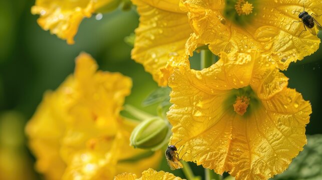 Close up of yellow flowers of luffa acutangula being pollinated by insects