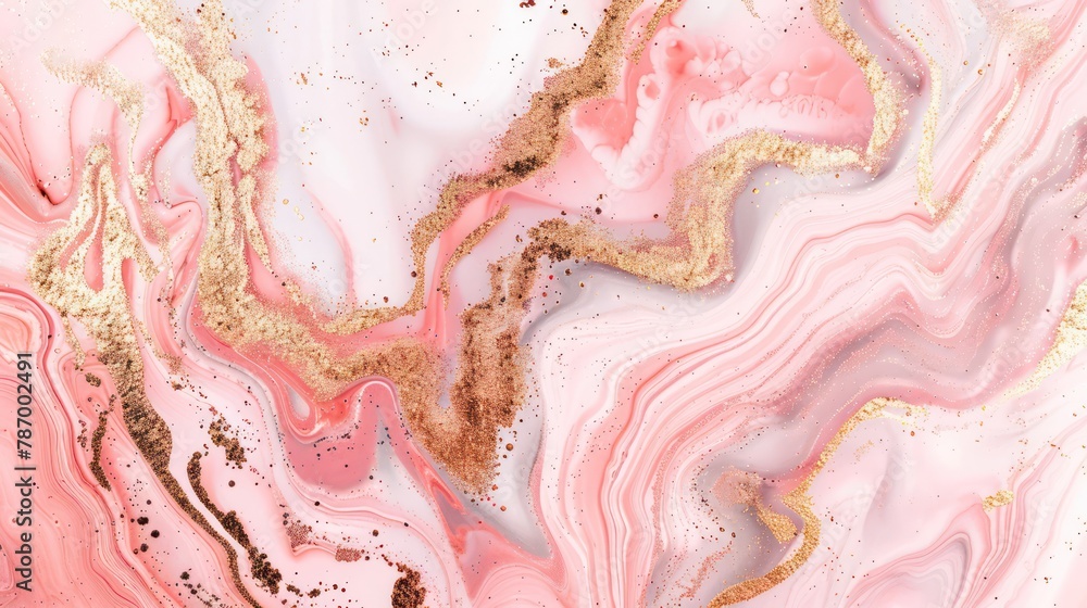 Poster This image displays a luxurious pink and gold marble pattern with a fluid mix of colors creating a graceful abstract texture It evokes a sense of elegance and high-end design