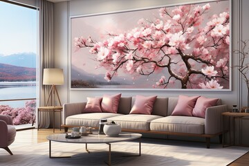 Increase your living room space, A serene painting captures a tranquil lake embraced by blooming magnolia trees, their reflection creating a mystical scene, Generative AI.