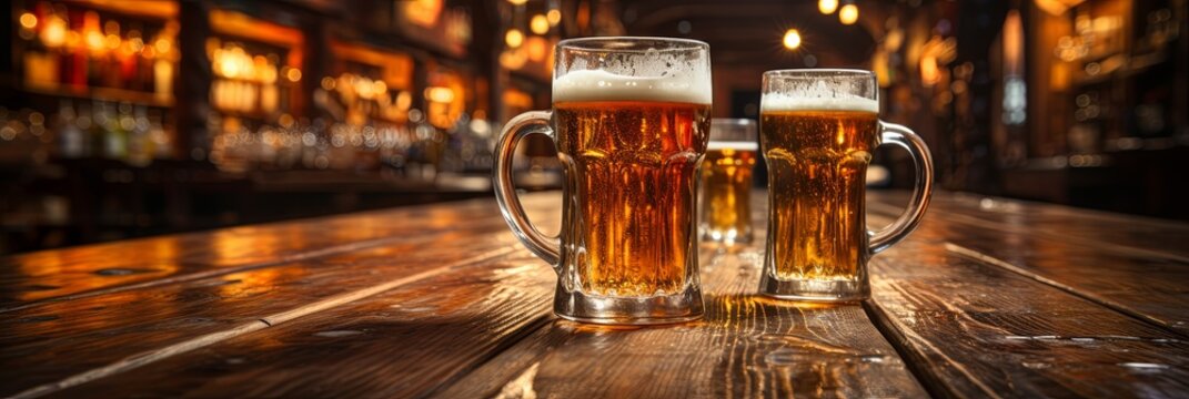 Refreshing glass of beer gleaming on a rustic bar counter. Perfect for pub scenes, beverage concepts, and relaxing atmospheres, Generative AI.