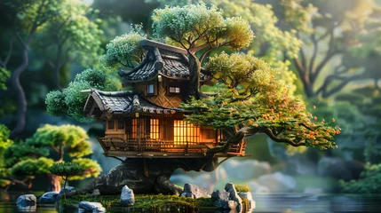Schilderijen op glas Fantasy japanese tree house in a bonsai tree peaceful © Natia