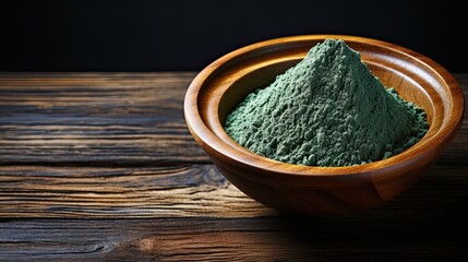 Top view of green spirulina powder on a dark wooden table. This biological supplement enhances immunity, lowers cholesterol, and regulates blood pressure, Generative AI.