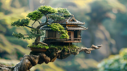 Obraz premium Fantasy japanese tree house in a bonsai tree peaceful