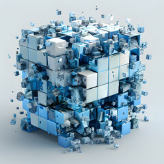 the blue and white cube is made of a variety of pieces, in the style of futuristic retro, modular construction, , ultra detailed, innovating techniques, light blue,