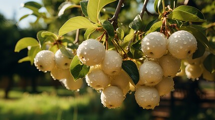 Juicy white apples adorned with dewdrops glisten on a tree in the garden. Perfect for showcasing natural beauty and healthy produce, Generative AI.