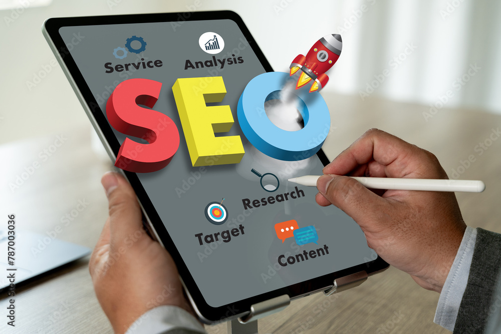 Poster businessman hands search on laptop engine optimization to seo search engine optimization