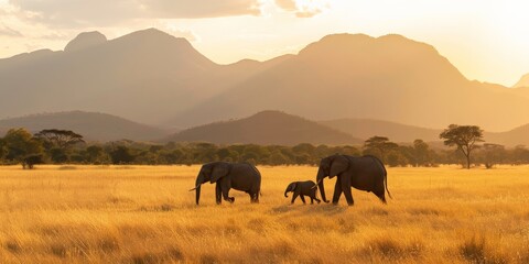 Fototapeta premium An elephant family journeying across the savanna, the fading sunlight casting long shadows, with distant mountains standing tall against the evening sky.