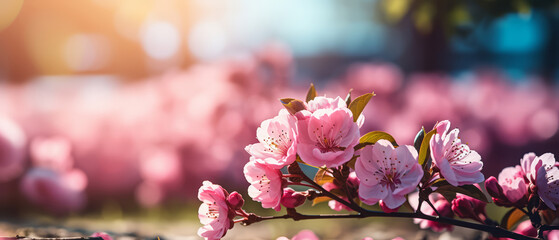 Pink petaled flowers branch with green leaves on nature background with blurred trees, bokeh lights and blue sky. Almond or cherry tree blooming on warm sunny spring day. Blossom months and season. - obrazy, fototapety, plakaty