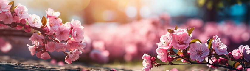 Pink petaled flowers branches with green leaves on nature background with blurred trees, bokeh lights and blue sky. Almond or cherry tree blooming on warm sunny spring day. Blossom months and season. - Powered by Adobe