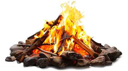 Campfire blazes with burning wood logs bonfire isolated, transparent background.