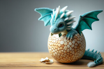 A plush baby dragon peeking out of its egg, newly hatched and full of charm - obrazy, fototapety, plakaty