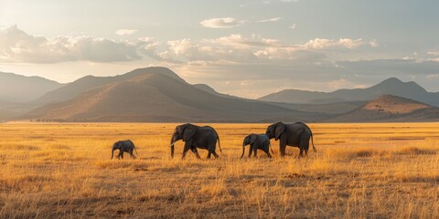 An elephant family journeying across the savanna, the fading sunlight casting long shadows, with distant mountains standing tall against the evening sky.