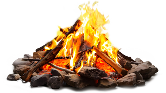 Campfire blazes with burning wood logs bonfire isolated, transparent background.