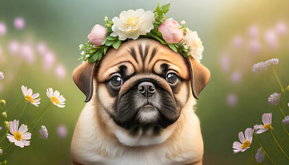 French bulldog puppy with a flower crown. - Powered by Adobe