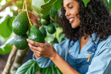 Obraz premium A Mexican woman farmer in a blue uniform harvests organic ripe green avocados on a plantation.
