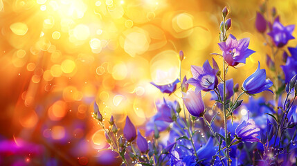 Spring garden with blooming bluebells in sunset lighting with golden bokeh. Floral banner. Copy space.