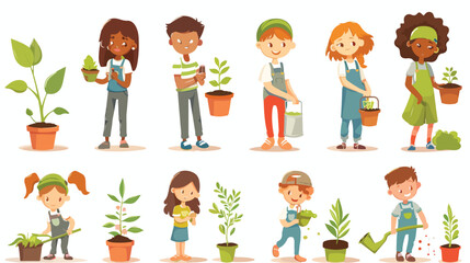 Kids gardening vector illustration set. Cartoon flat g