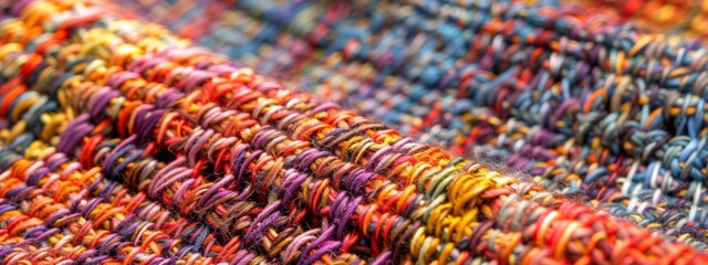 A close-up view of a textured fabric with threads of different colors woven together, creating a...