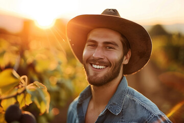 Handsome young Mexican farmer in a hat on an avocado plantation during sunset.