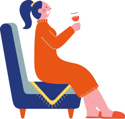 Sitting woman on the chair raises a glass of wine and cheers happily