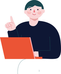 Young man pointing out with finger and using laptop
