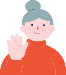 Smiley grandmother raises her hand to say hello