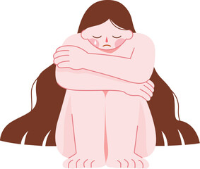 Naked woman sitting with sad face