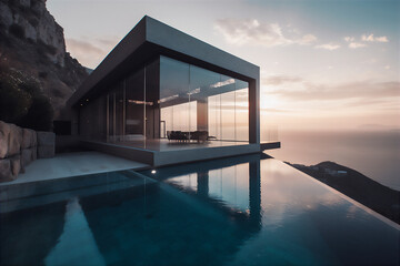 Contemporary concrete house with pool at the ocean shore