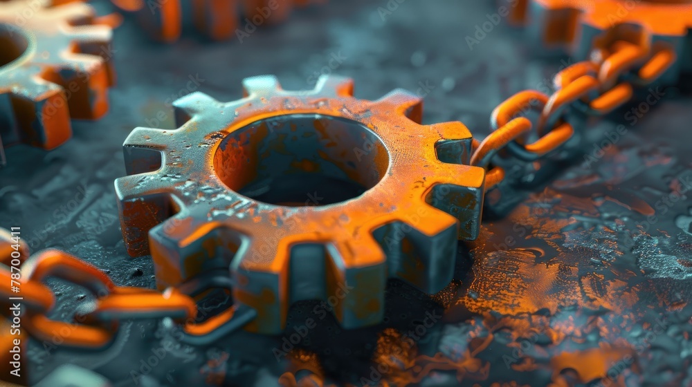 Poster rendering of concept of orange gears with chain