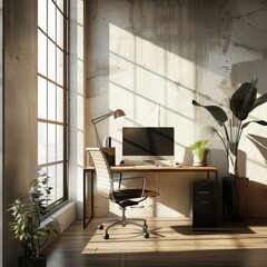 A chic and minimalist office space highlighted by abundant natural light and sleek, simple furniture