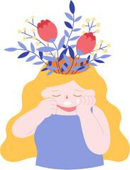 Sad girl with  flowers on the head showing recovery slowly