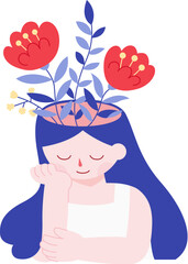 Smiley satisfying girl with flower blossoming in the head - obrazy, fototapety, plakaty