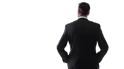A confident businessman in a black suit standing with his back facing the camera