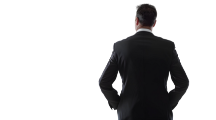 A confident businessman in a black suit standing with his back facing the camera
