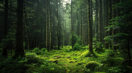 Obraz premium the haunting beauty of a green forest, where nature's shadows cast a chilling presence. This professional HD photography captures the eerie allure of the setting, 