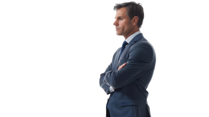 A confident businessman in a navy blue suit standing with folded arms