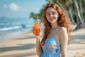 Cheerful smiling woman with long curly hair in blue dress holding an orange summer cocktail on a tropical beach. Happy beach vacation.