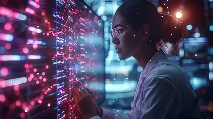 3D scientist analyzing genetic data on a computer, set against a vibrant indigo background - obrazy, fototapety, plakaty